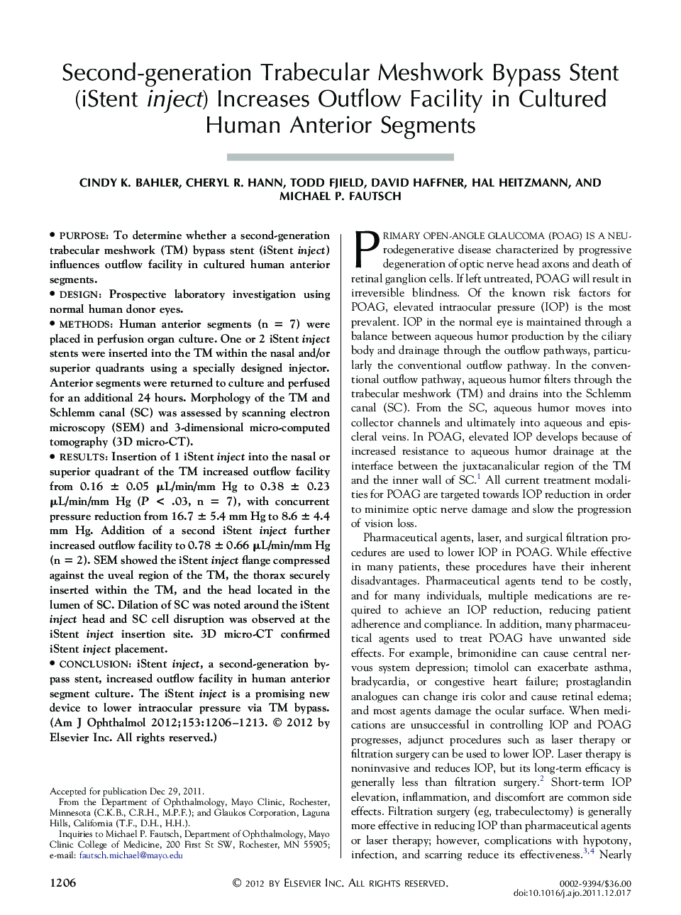 Second-generation Trabecular Meshwork Bypass Stent (iStent inject) Increases Outflow Facility in Cultured Human Anterior Segments