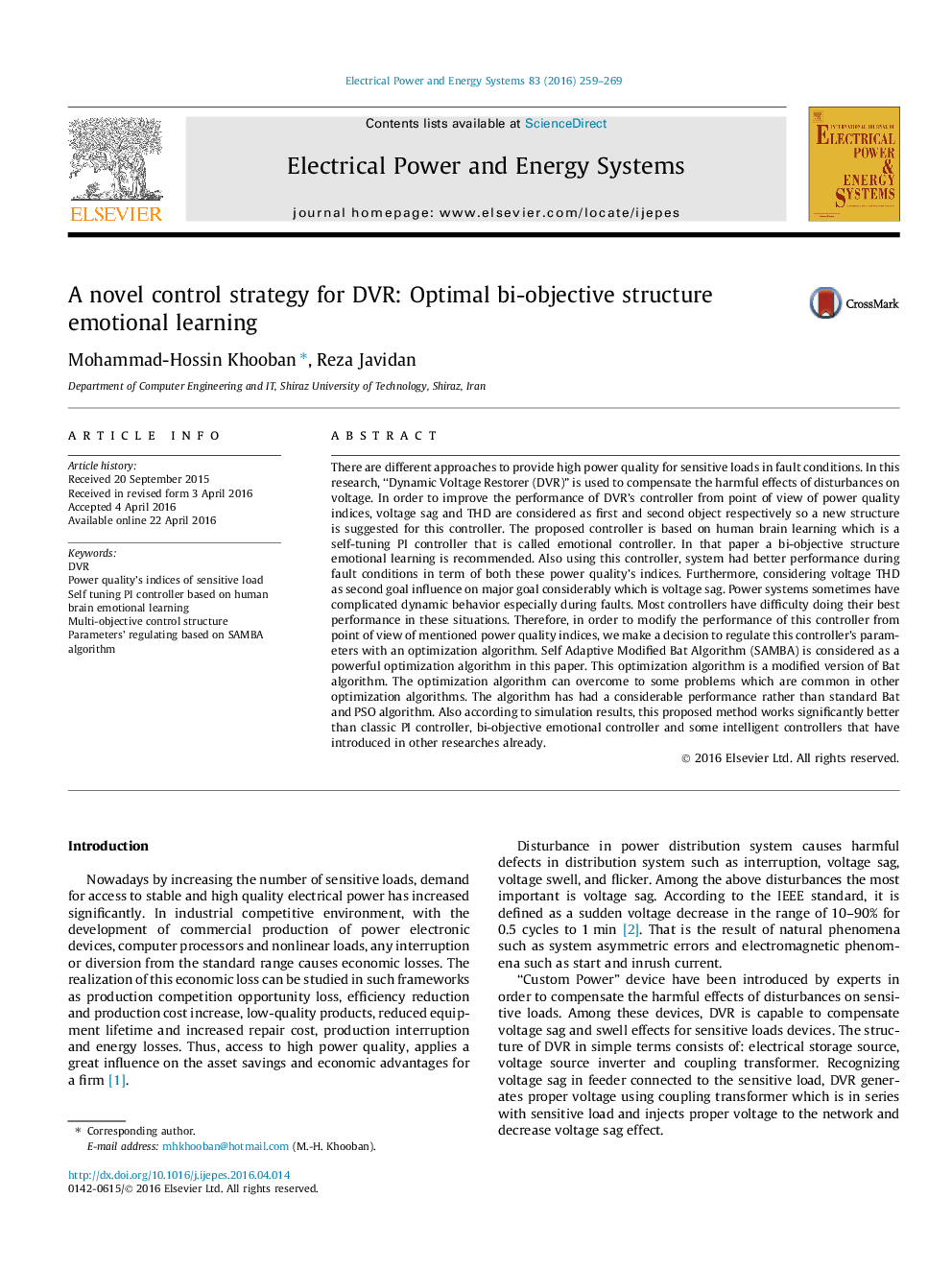 A novel control strategy for DVR: Optimal bi-objective structure emotional learning