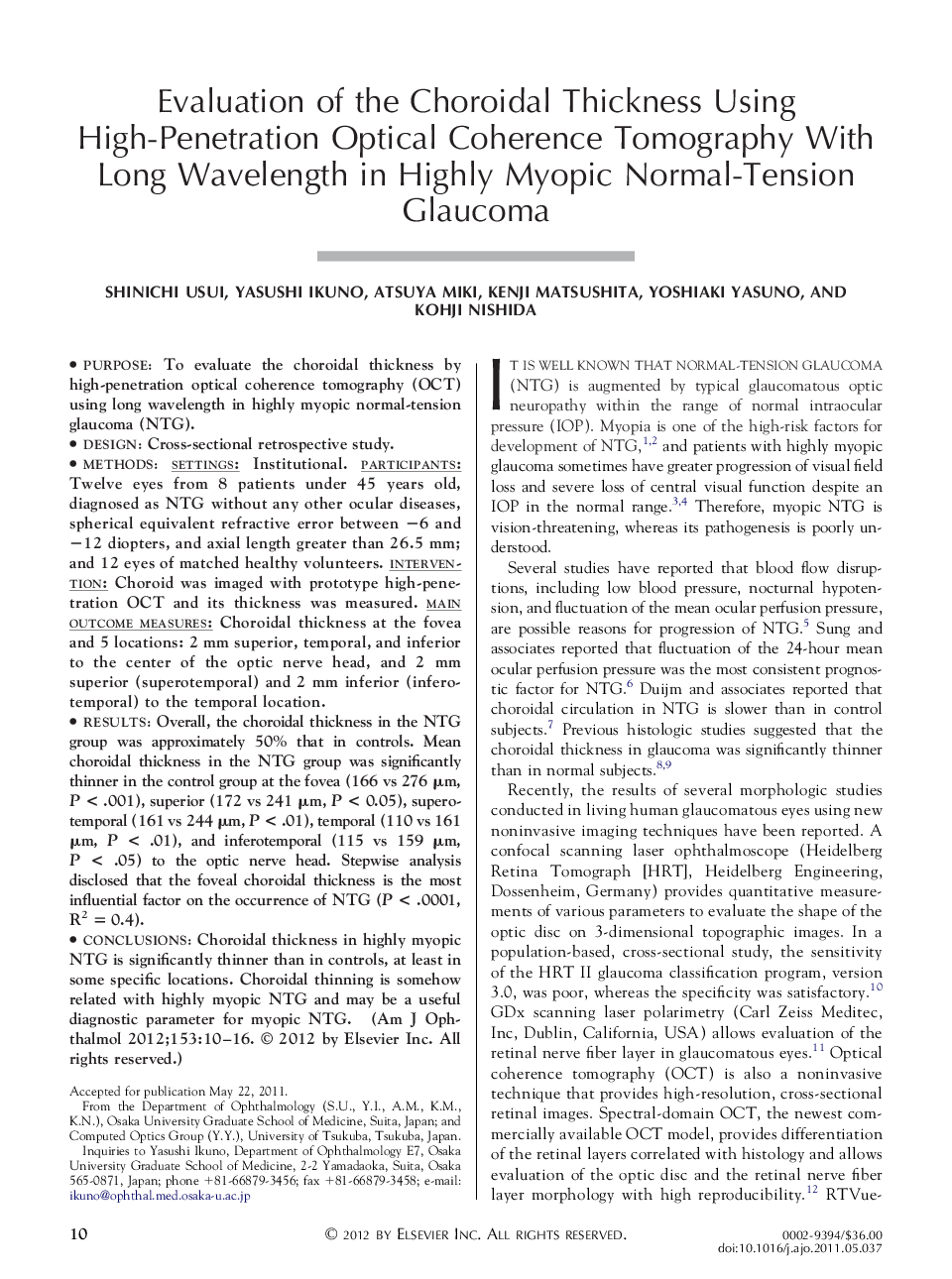 Evaluation of the Choroidal Thickness Using High-Penetration Optical Coherence Tomography With Long Wavelength in Highly Myopic Normal-Tension Glaucoma