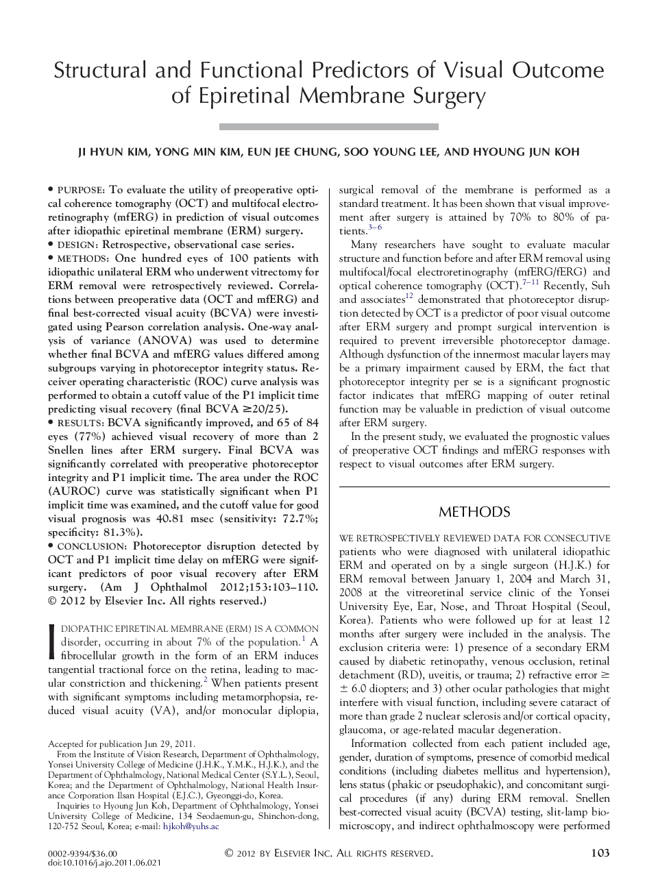 Structural and Functional Predictors of Visual Outcome of Epiretinal Membrane Surgery