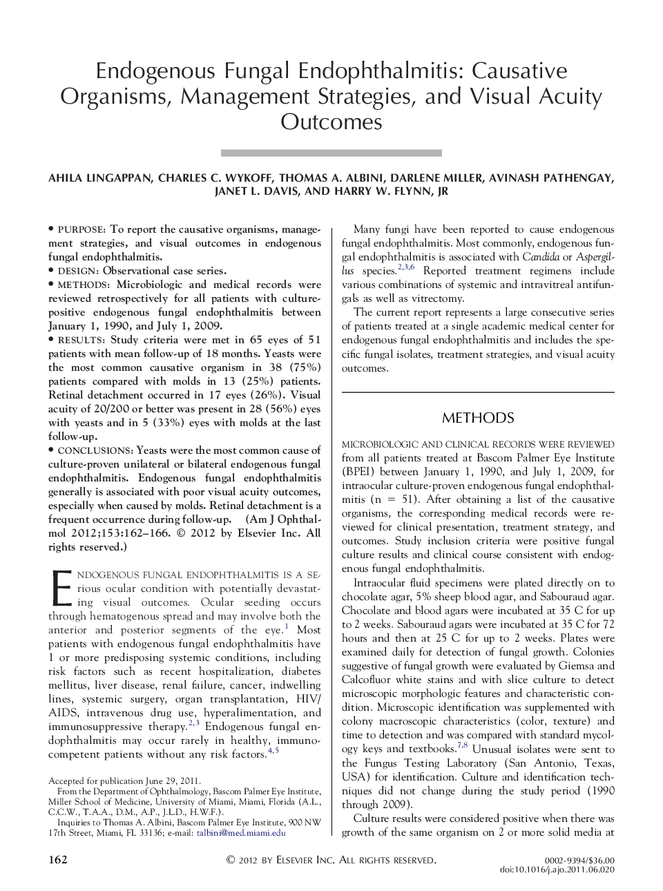 Endogenous Fungal Endophthalmitis: Causative Organisms, Management Strategies, and Visual Acuity Outcomes