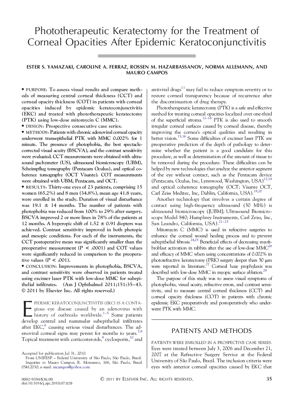 Phototherapeutic Keratectomy for the Treatment of Corneal Opacities After Epidemic Keratoconjunctivitis
