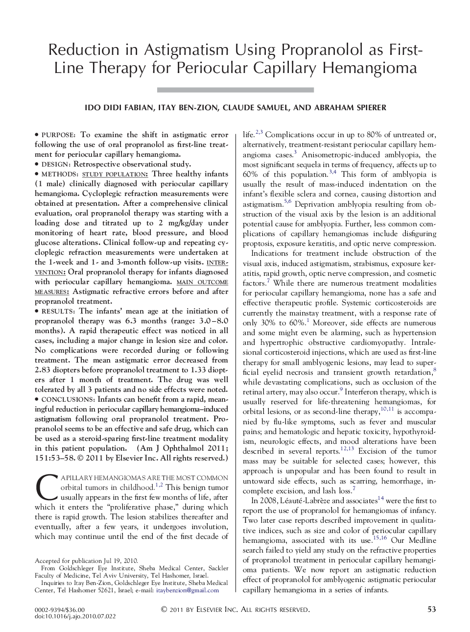 Reduction in Astigmatism Using Propranolol as First-Line Therapy for Periocular Capillary Hemangioma