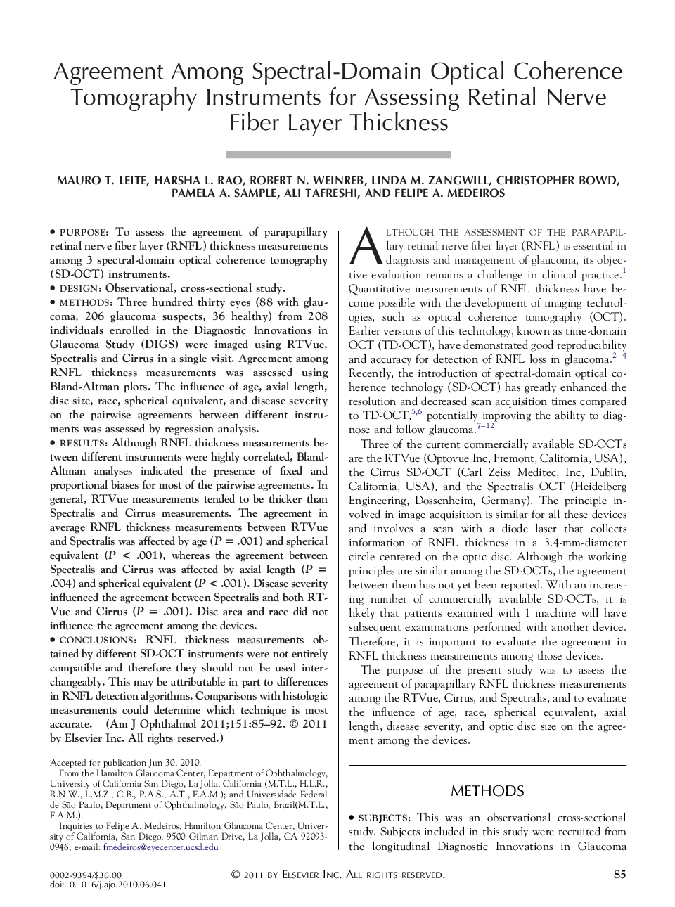 Agreement Among Spectral-Domain Optical Coherence Tomography Instruments for Assessing Retinal Nerve Fiber Layer Thickness