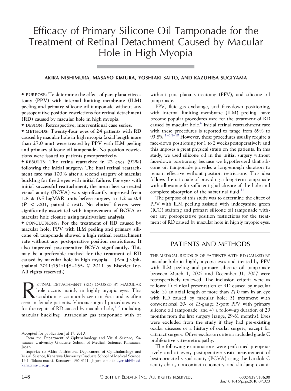Efficacy of Primary Silicone Oil Tamponade for the Treatment of Retinal Detachment Caused by Macular Hole in High Myopia