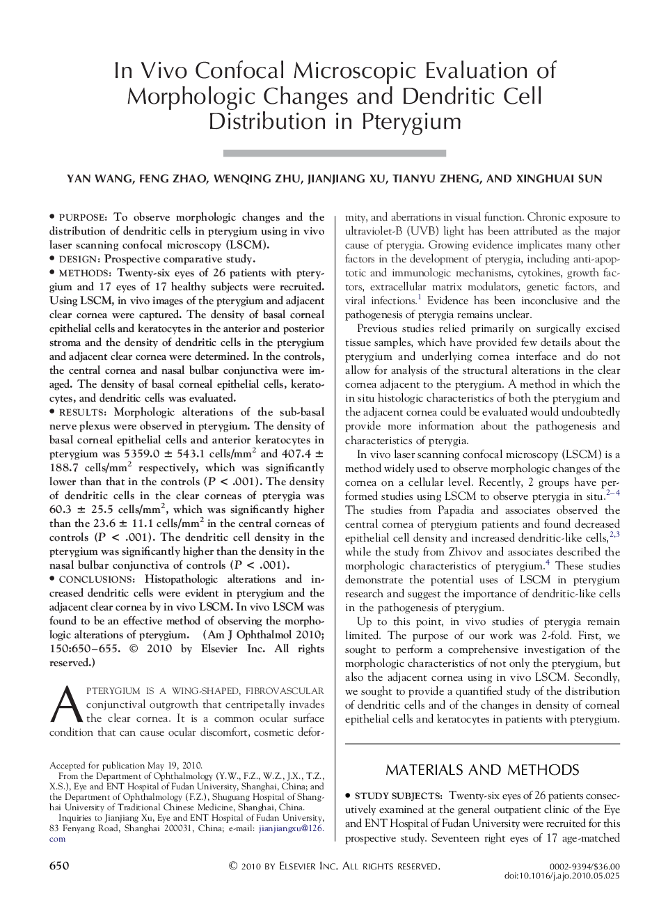 In Vivo Confocal Microscopic Evaluation of Morphologic Changes and Dendritic Cell Distribution in Pterygium