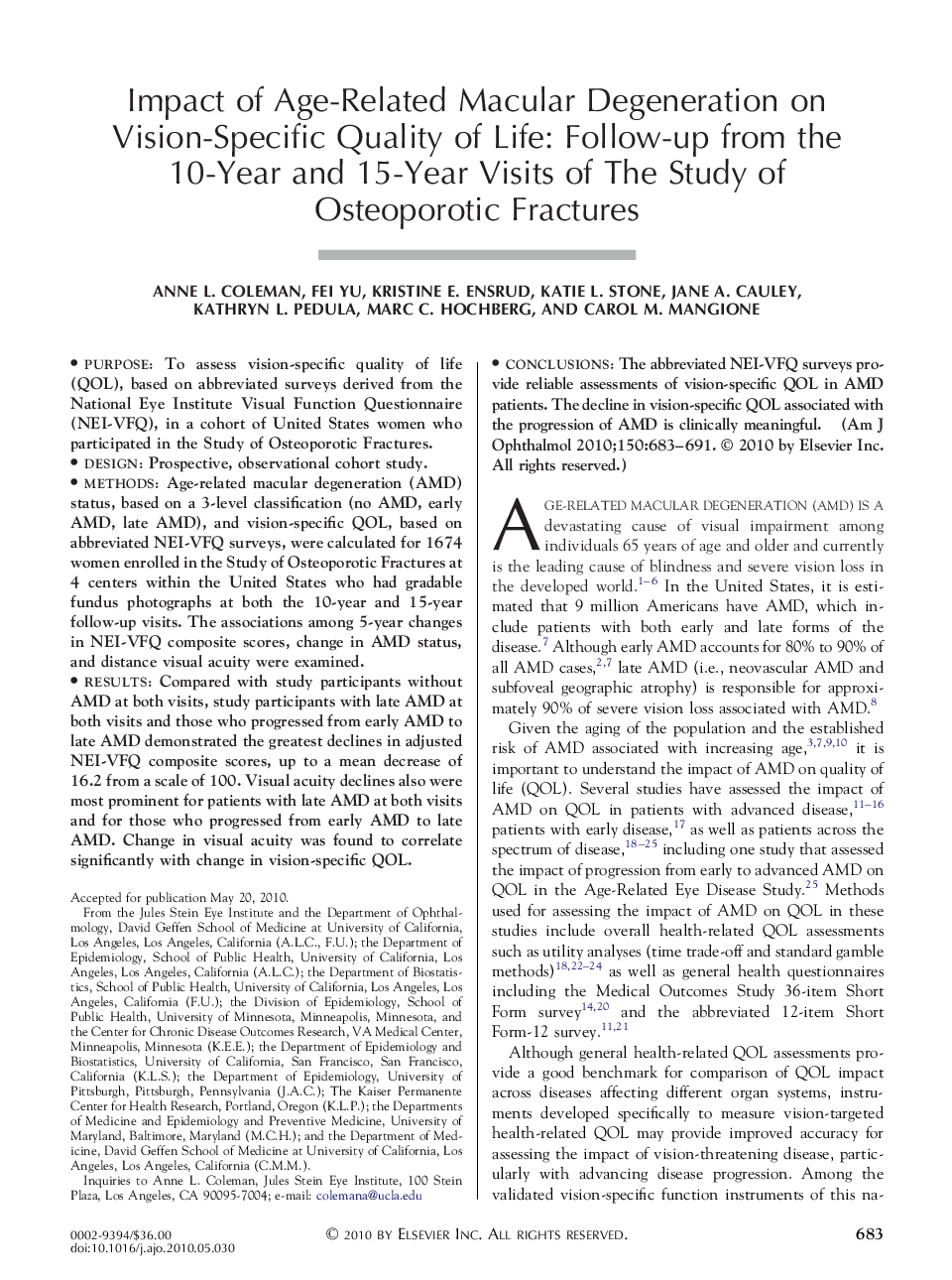 Impact of Age-Related Macular Degeneration on Vision-Specific Quality of Life: Follow-up from the 10-Year and 15-Year Visits of The Study of Osteoporotic Fractures