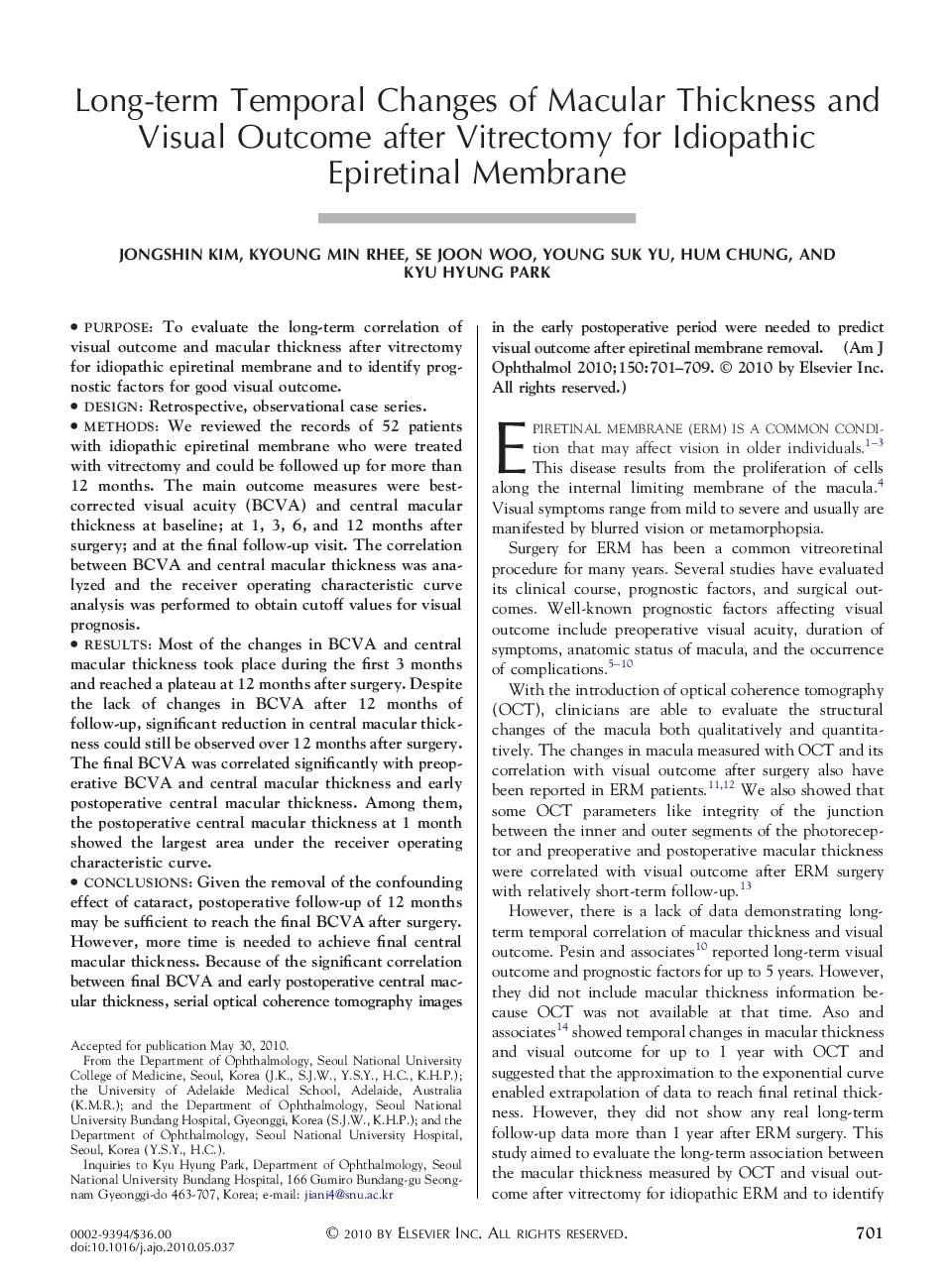 Long-term Temporal Changes of Macular Thickness and Visual Outcome after Vitrectomy for Idiopathic Epiretinal Membrane