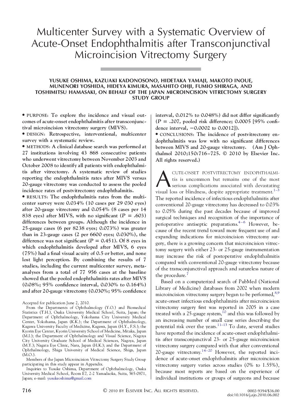 Multicenter Survey with a Systematic Overview of Acute-Onset Endophthalmitis after Transconjunctival Microincision Vitrectomy Surgery