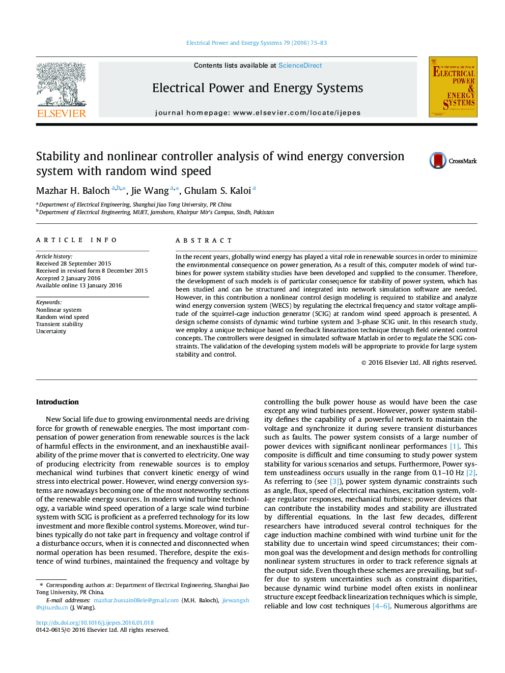 Stability and nonlinear controller analysis of wind energy conversion system with random wind speed