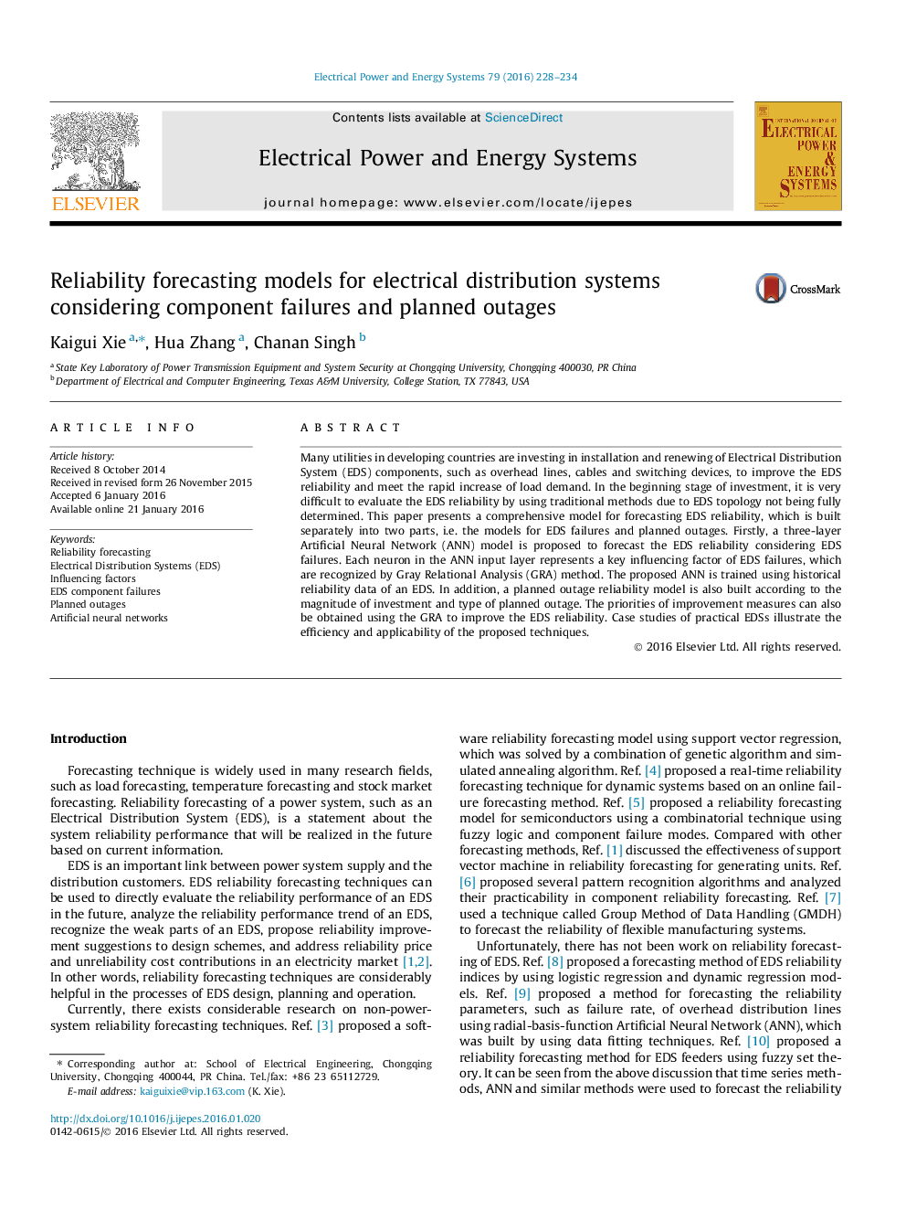 Reliability forecasting models for electrical distribution systems considering component failures and planned outages