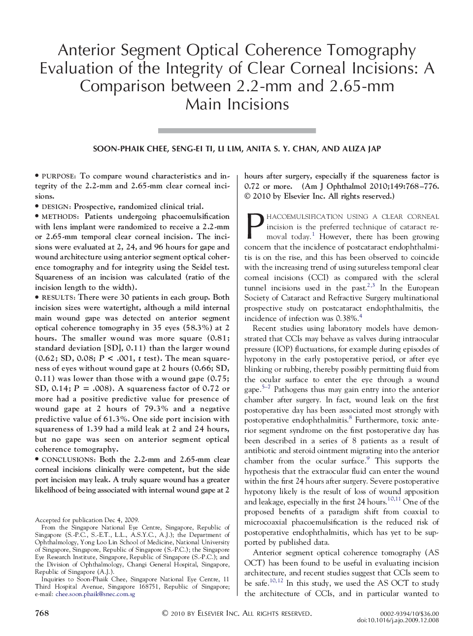 Anterior Segment Optical Coherence Tomography Evaluation of the Integrity of Clear Corneal Incisions: A Comparison between 2.2-mm and 2.65-mm Main Incisions