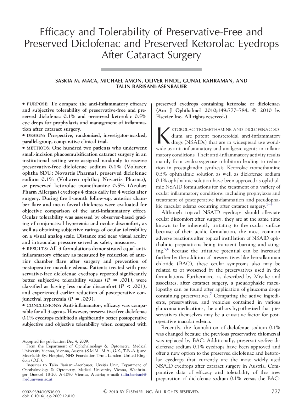 Efficacy and Tolerability of Preservative-Free and Preserved Diclofenac and Preserved Ketorolac Eyedrops After Cataract Surgery