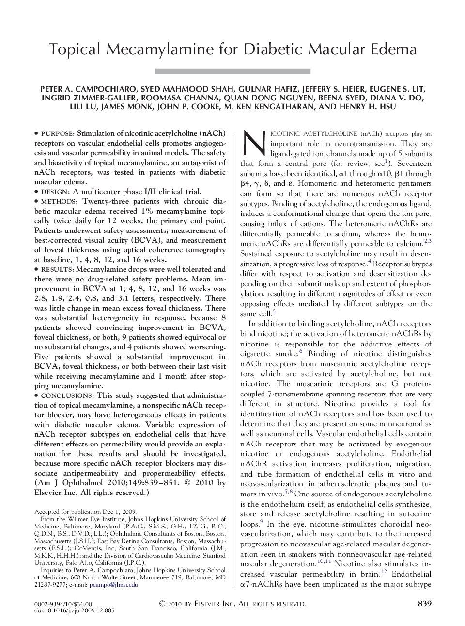 Topical Mecamylamine for Diabetic Macular Edema