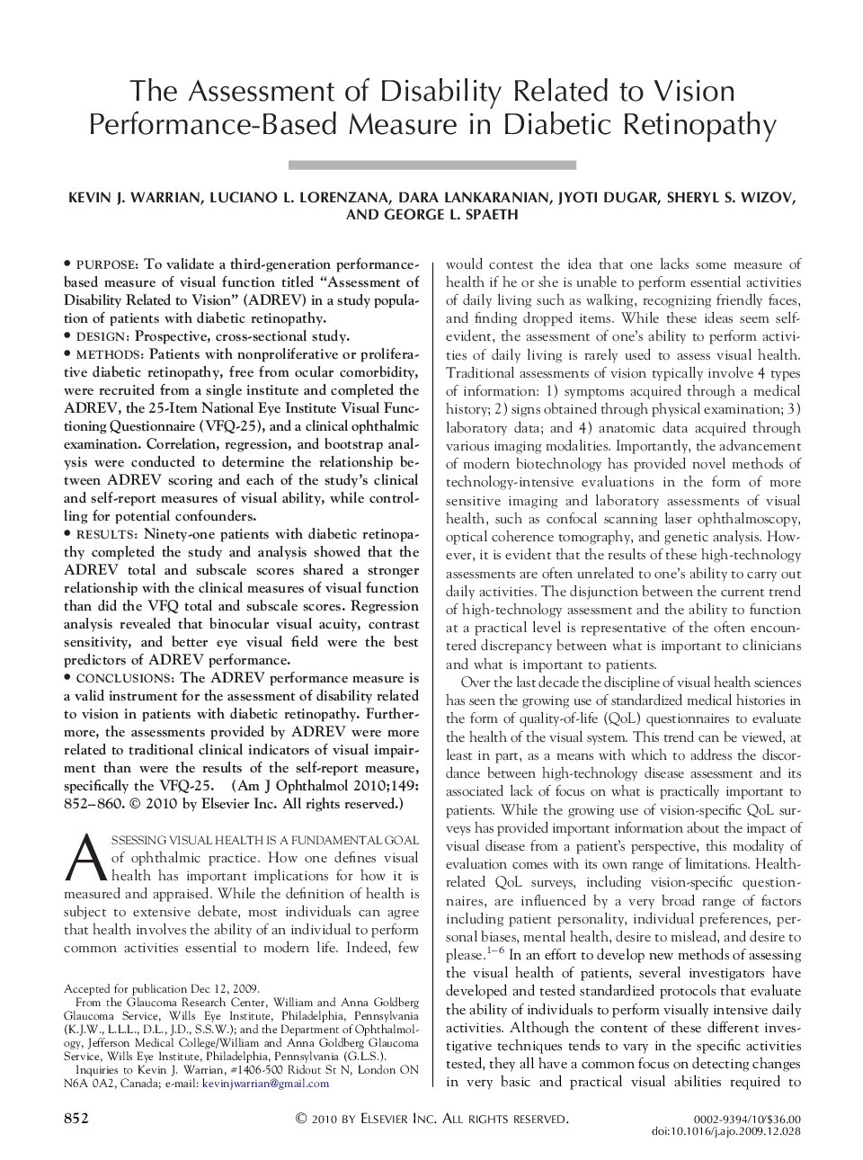 The Assessment of Disability Related to Vision Performance-Based Measure in Diabetic Retinopathy