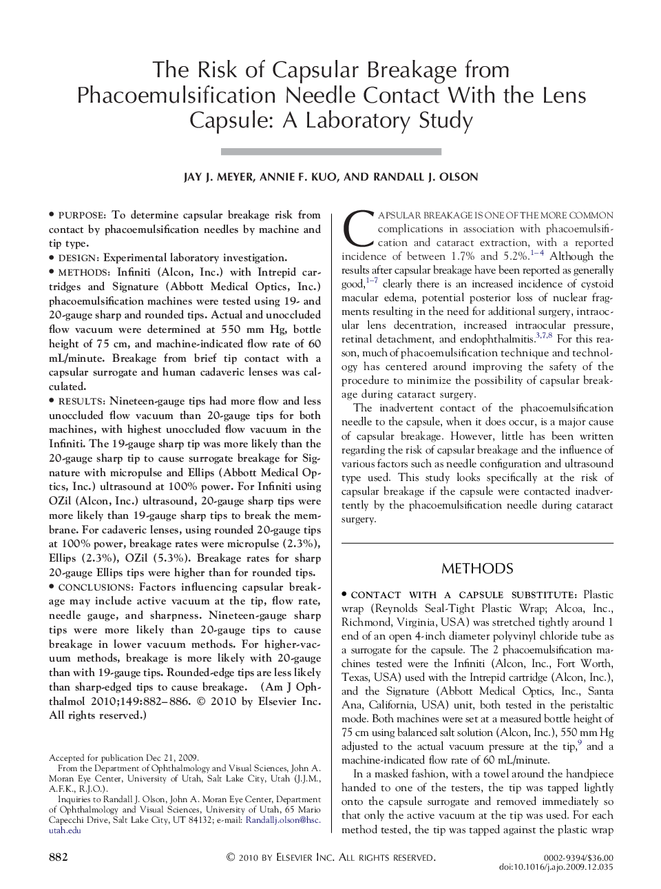 The Risk of Capsular Breakage from Phacoemulsification Needle Contact With the Lens Capsule: A Laboratory Study
