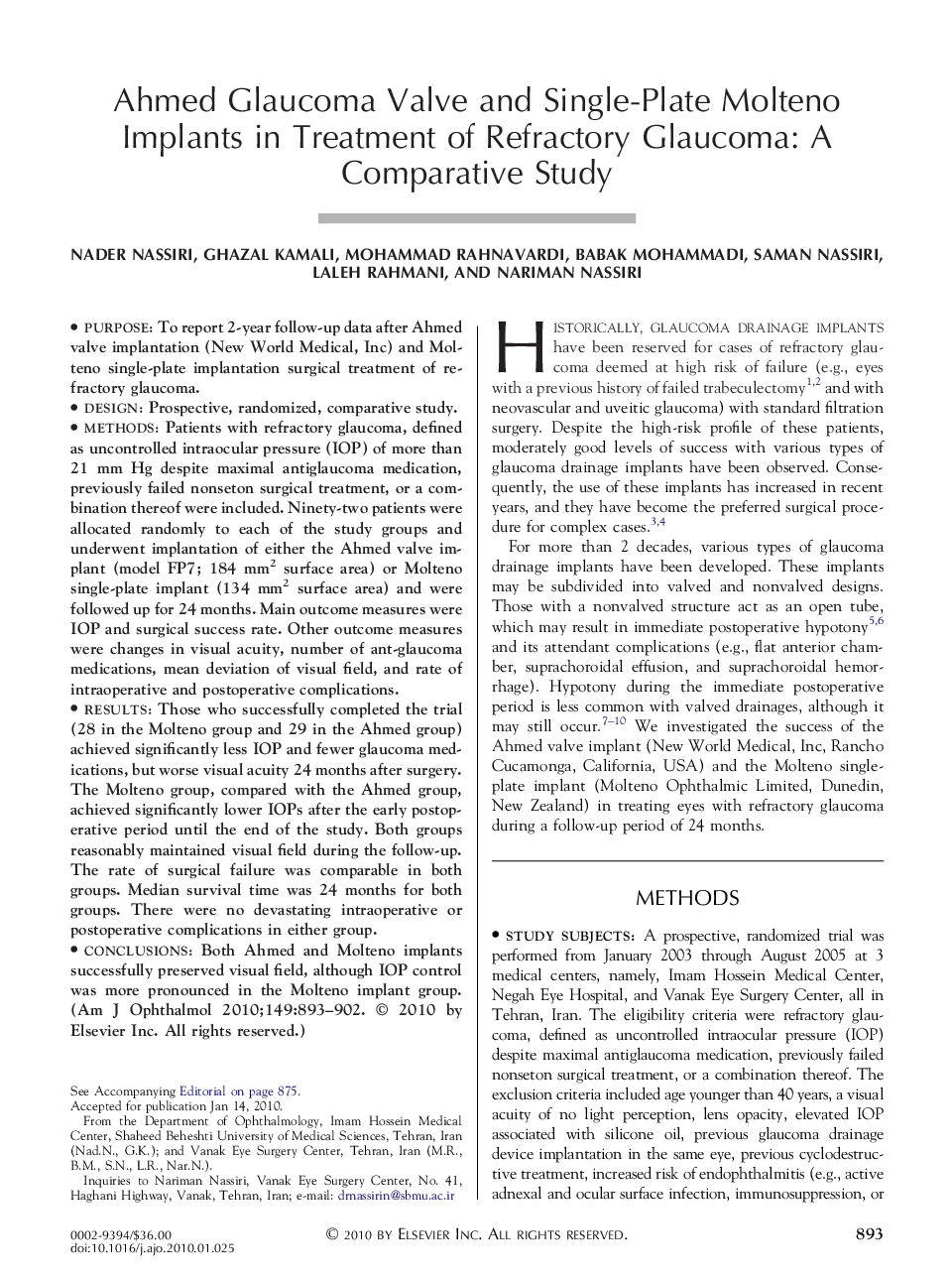 Ahmed Glaucoma Valve and Single-Plate Molteno Implants in Treatment of Refractory Glaucoma: A Comparative Study 