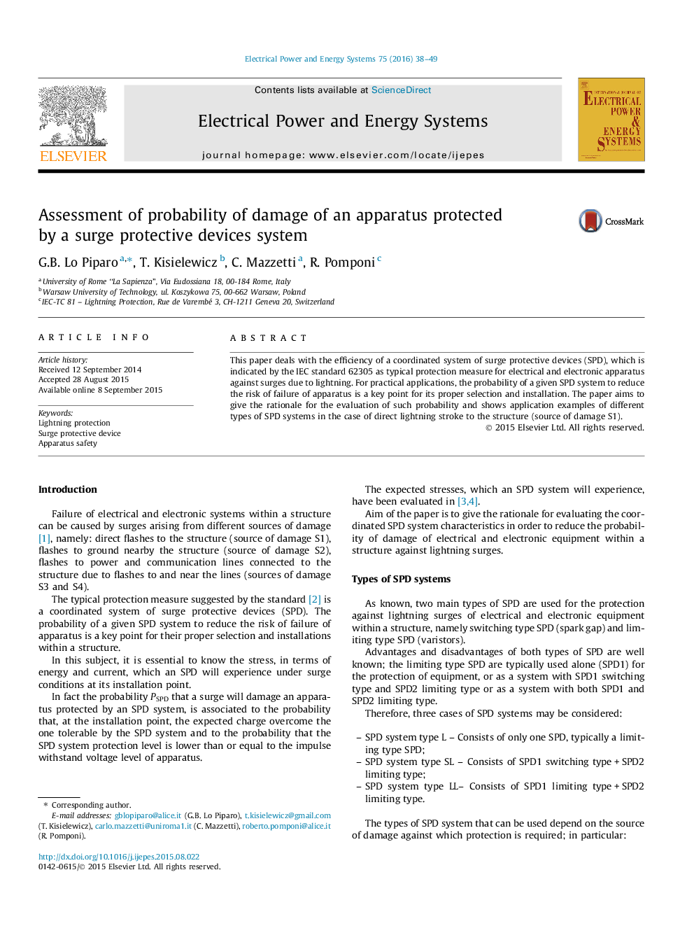 Assessment of probability of damage of an apparatus protected by a surge protective devices system