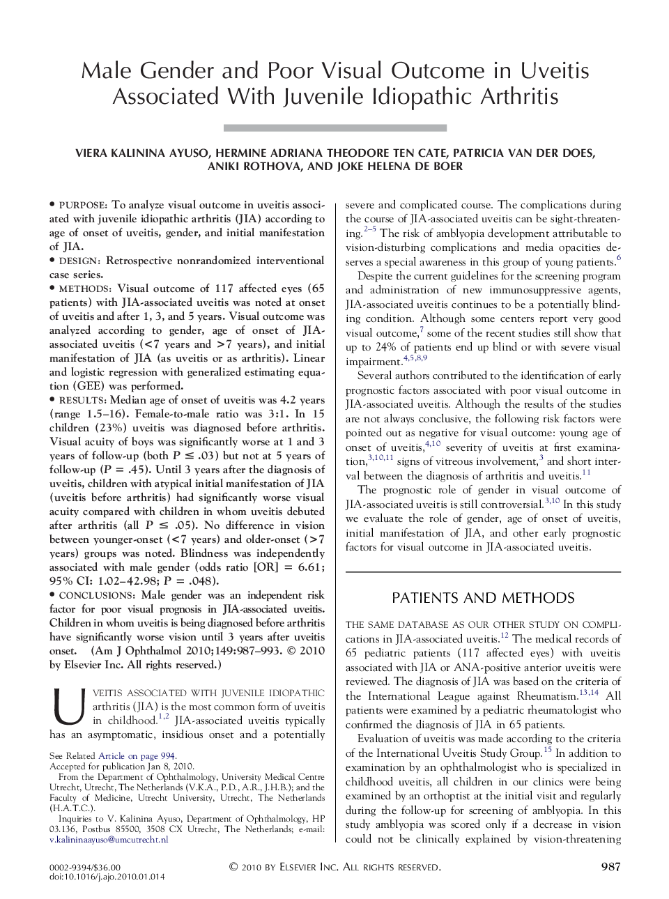Male Gender and Poor Visual Outcome in Uveitis Associated With Juvenile Idiopathic Arthritis 