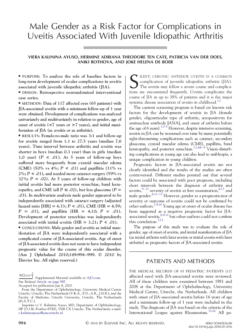 Male Gender as a Risk Factor for Complications in Uveitis Associated With Juvenile Idiopathic Arthritis