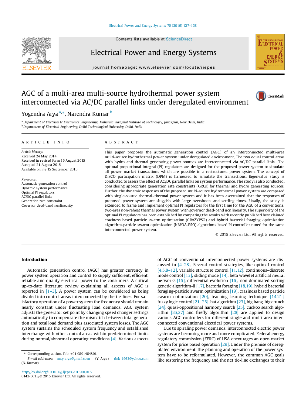 AGC of a multi-area multi-source hydrothermal power system interconnected via AC/DC parallel links under deregulated environment