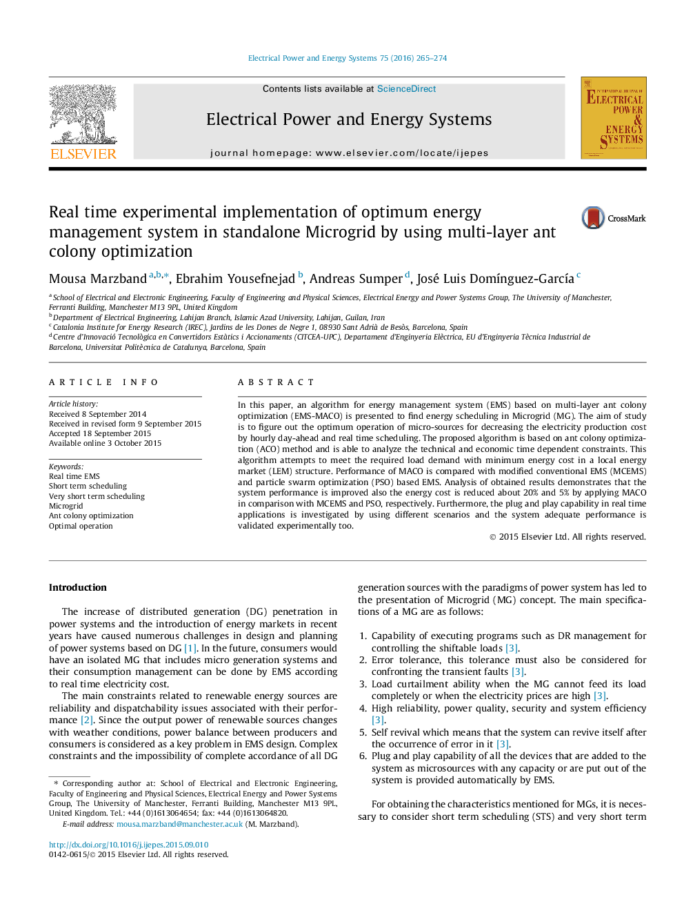 Real time experimental implementation of optimum energy management system in standalone Microgrid by using multi-layer ant colony optimization