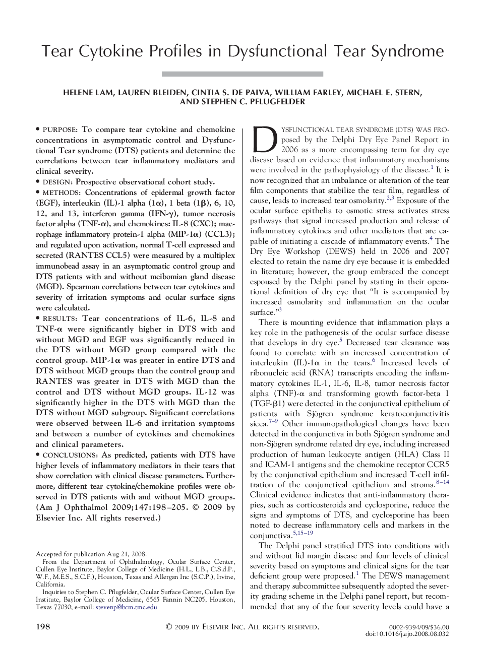 Tear Cytokine Profiles in Dysfunctional Tear Syndrome