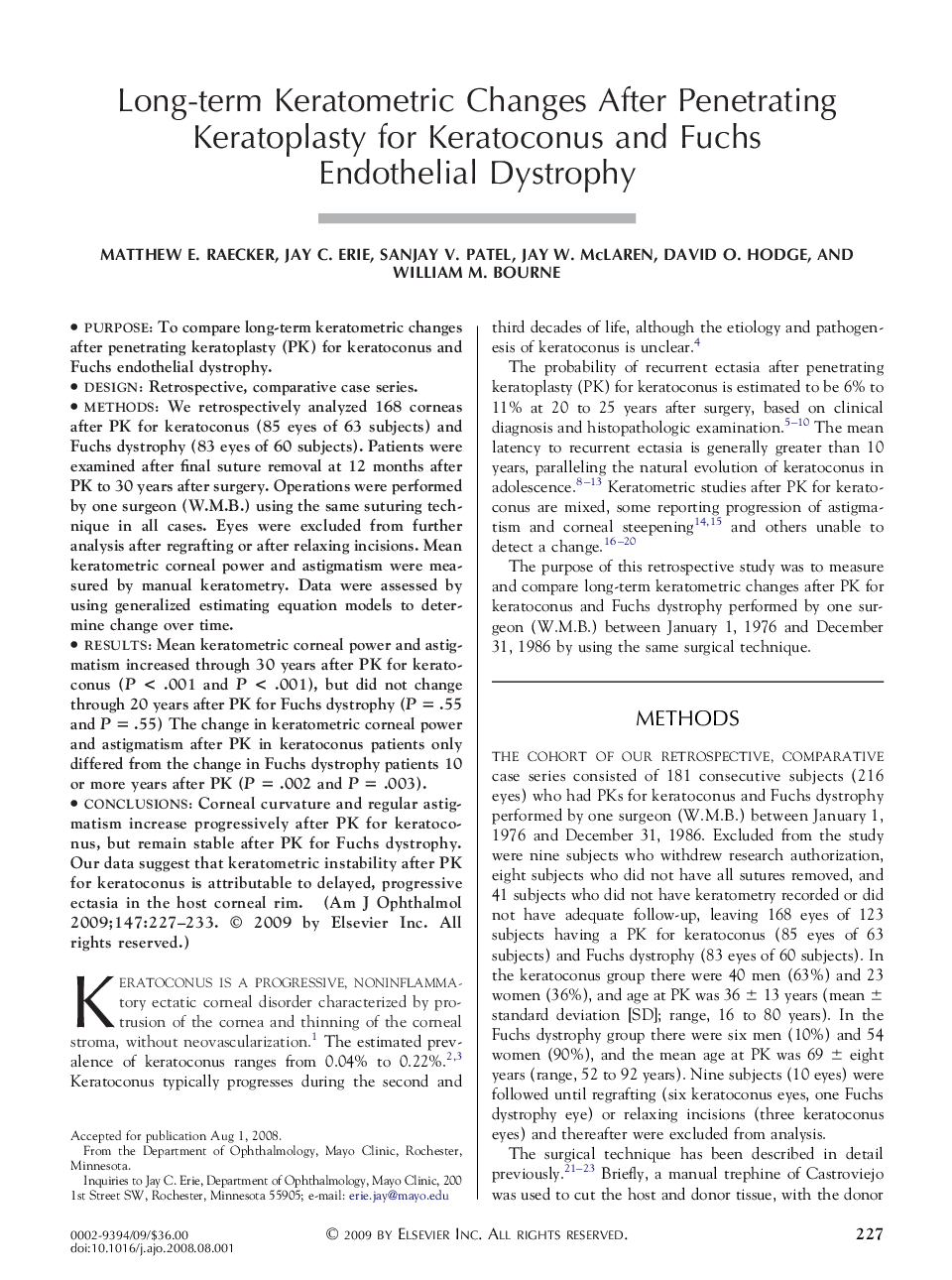 Long-term Keratometric Changes After Penetrating Keratoplasty for Keratoconus and Fuchs Endothelial Dystrophy
