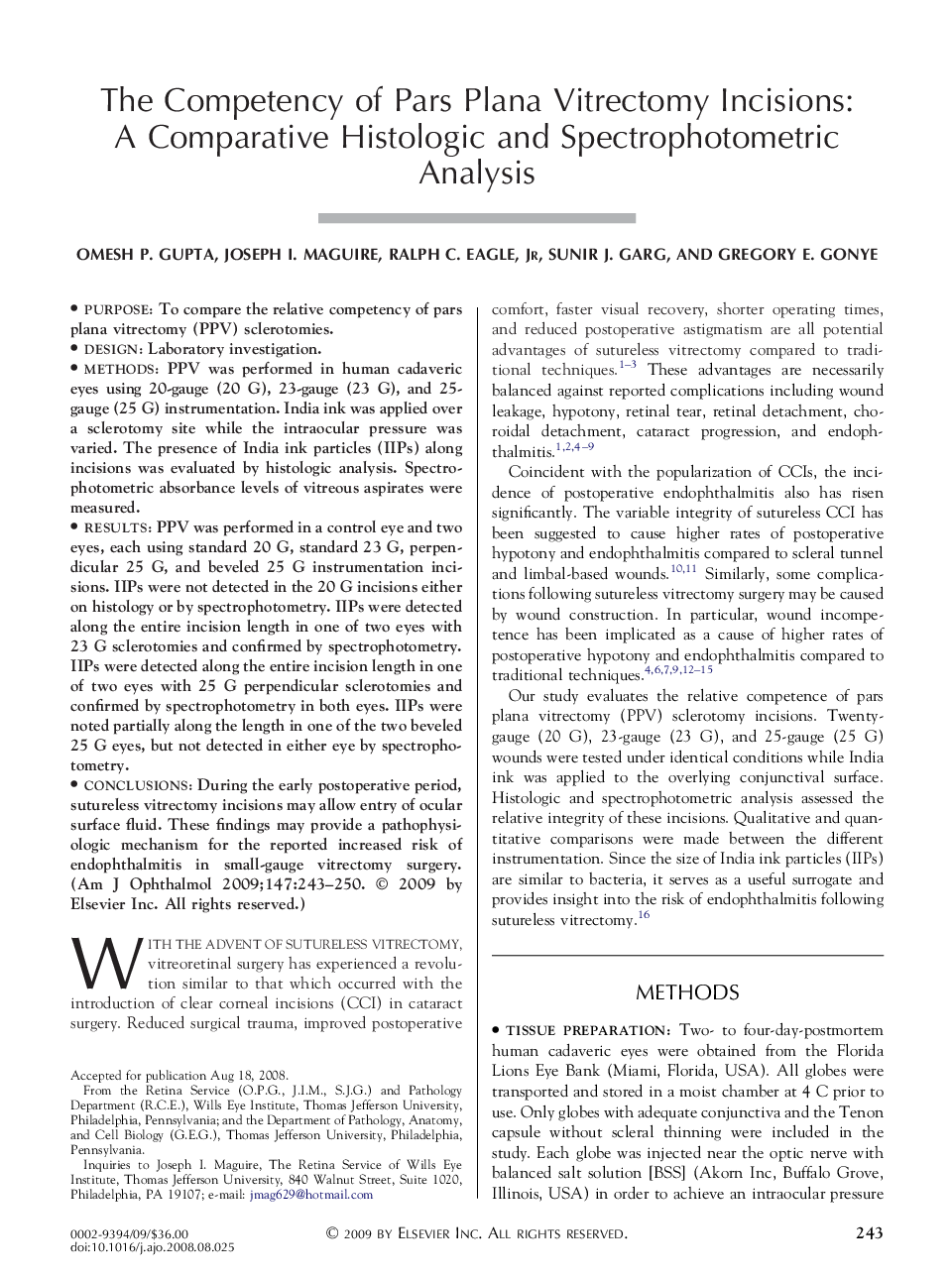 The Competency of Pars Plana Vitrectomy Incisions: A Comparative Histologic and Spectrophotometric Analysis