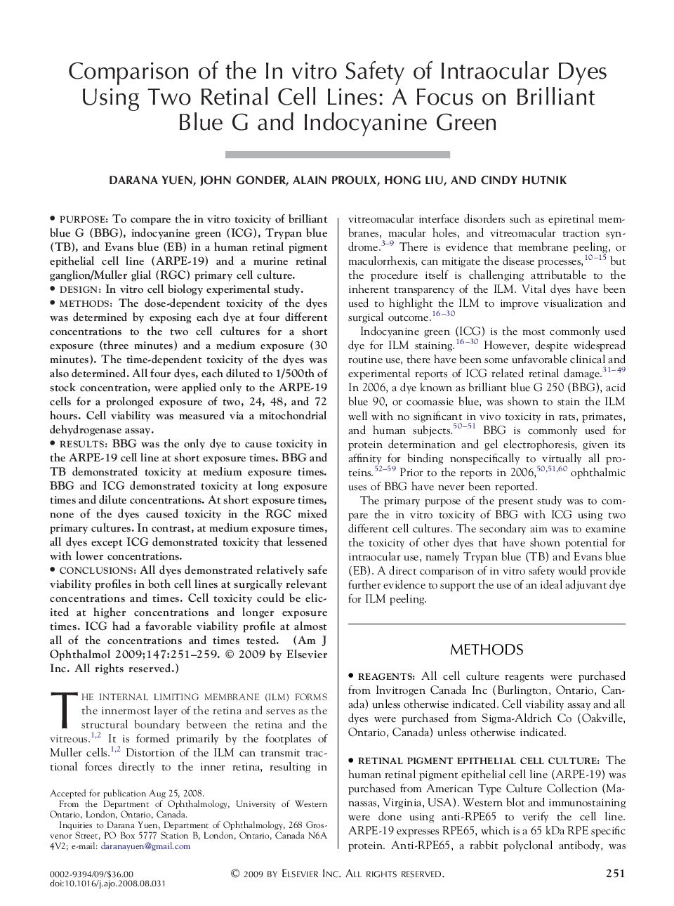 Comparison of the In vitro Safety of Intraocular Dyes Using Two Retinal Cell Lines: A Focus on Brilliant Blue G and Indocyanine Green