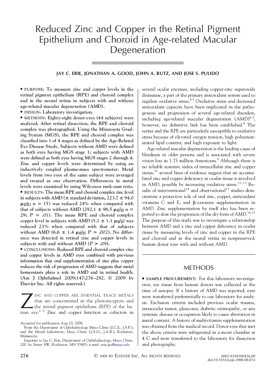 Reduced Zinc and Copper in the Retinal Pigment Epithelium and Choroid in Age-related Macular Degeneration