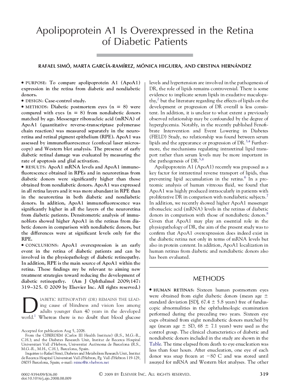 Apolipoprotein A1 Is Overexpressed in the Retina of Diabetic Patients