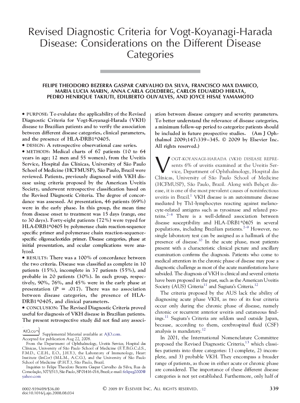 Revised Diagnostic Criteria for Vogt-Koyanagi-Harada Disease: Considerations on the Different Disease Categories