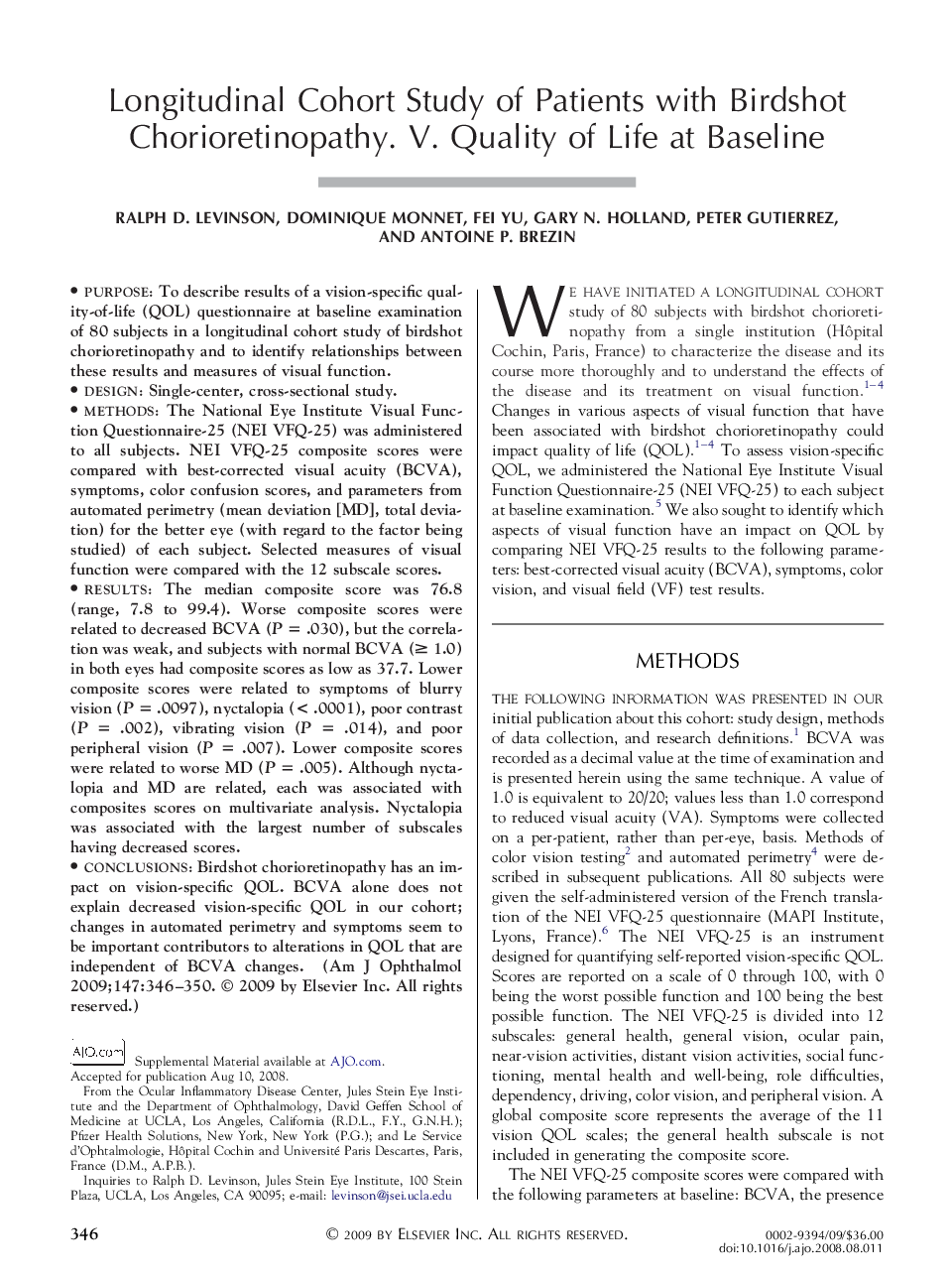 Longitudinal Cohort Study of Patients with Birdshot Chorioretinopathy. V. Quality of Life at Baseline