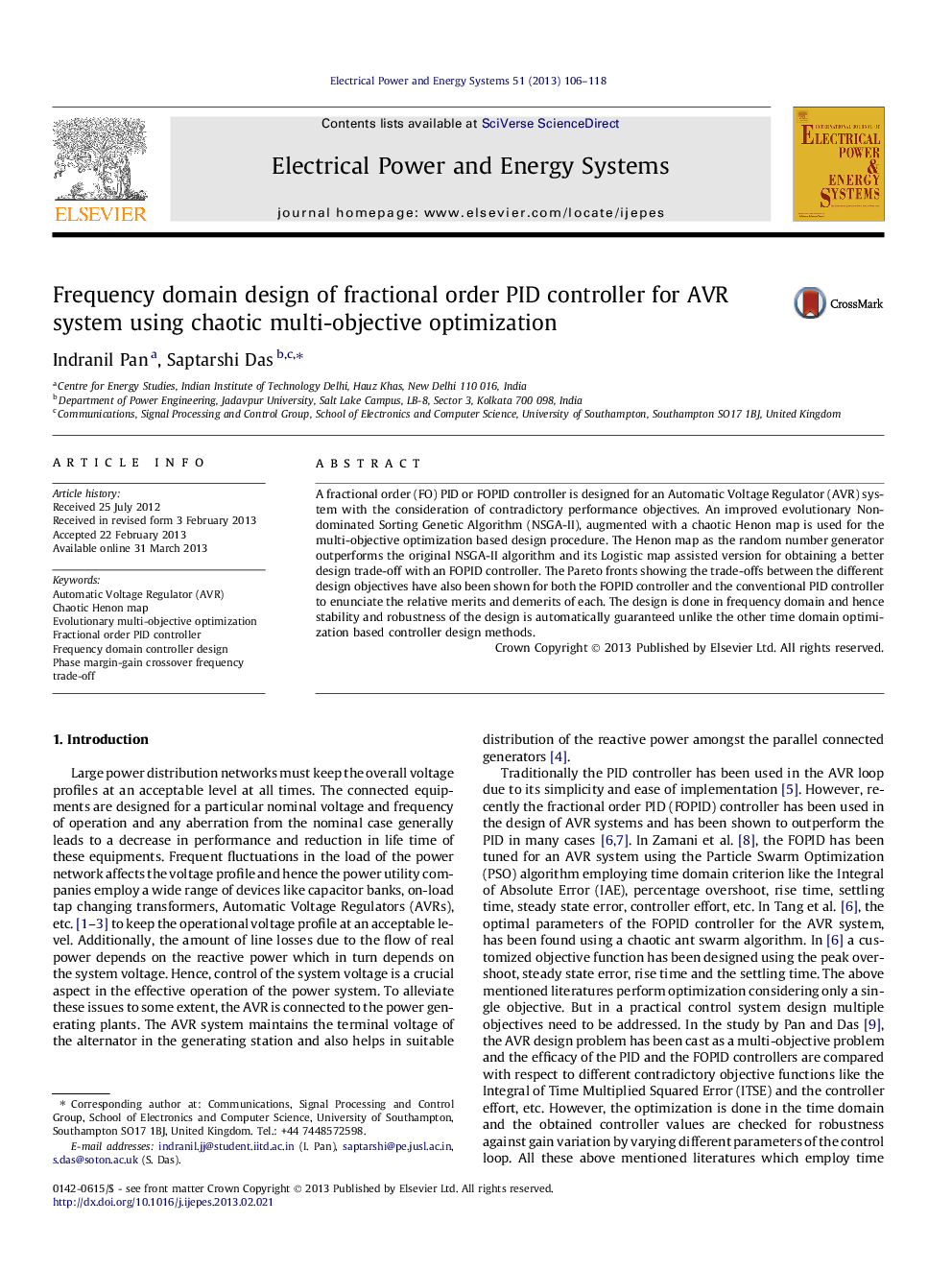 Frequency domain design of fractional order PID controller for AVR system using chaotic multi-objective optimization