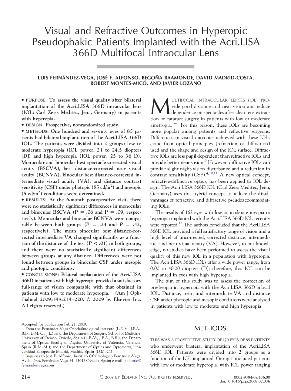 Visual and Refractive Outcomes in Hyperopic Pseudophakic Patients Implanted with the Acri.LISA 366D Multifocal Intraocular Lens