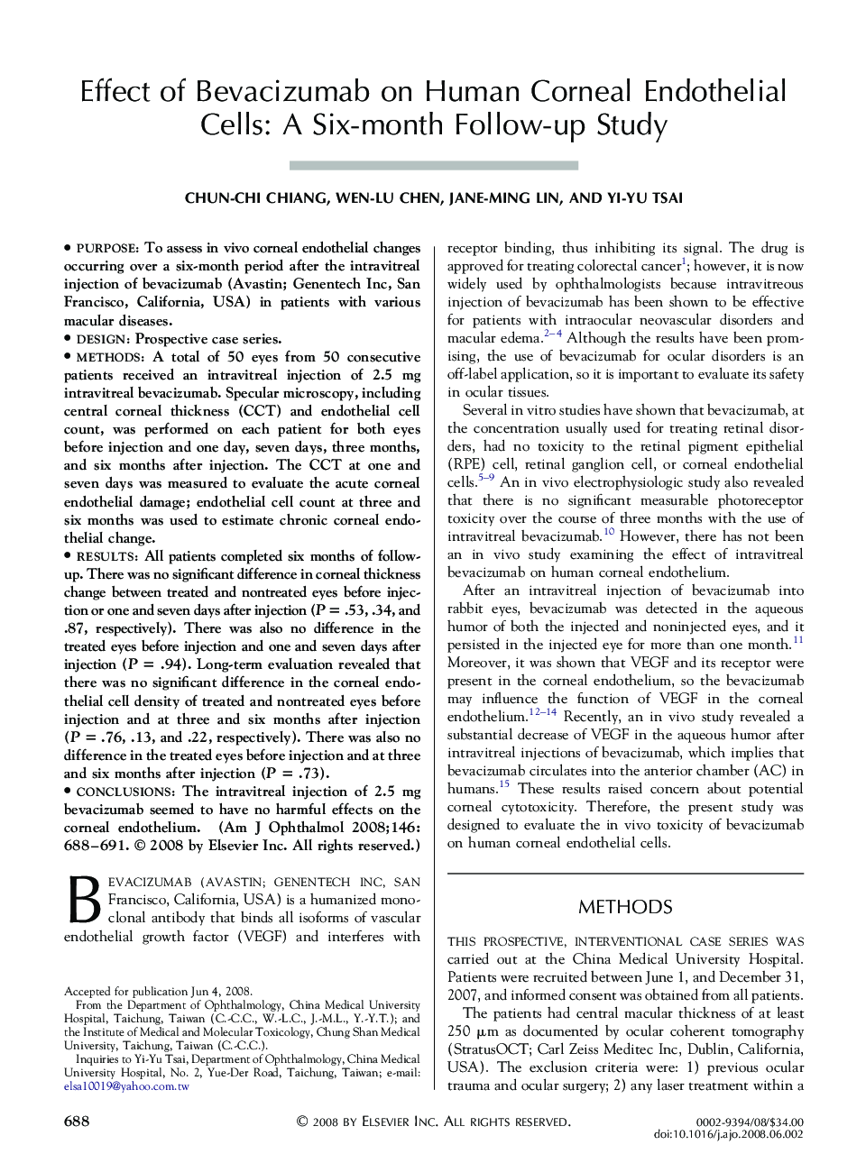 Effect of Bevacizumab on Human Corneal Endothelial Cells: A Six-month Follow-up Study