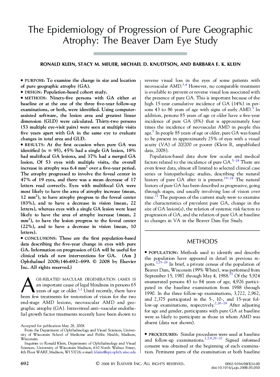 The Epidemiology of Progression of Pure Geographic Atrophy: The Beaver Dam Eye Study