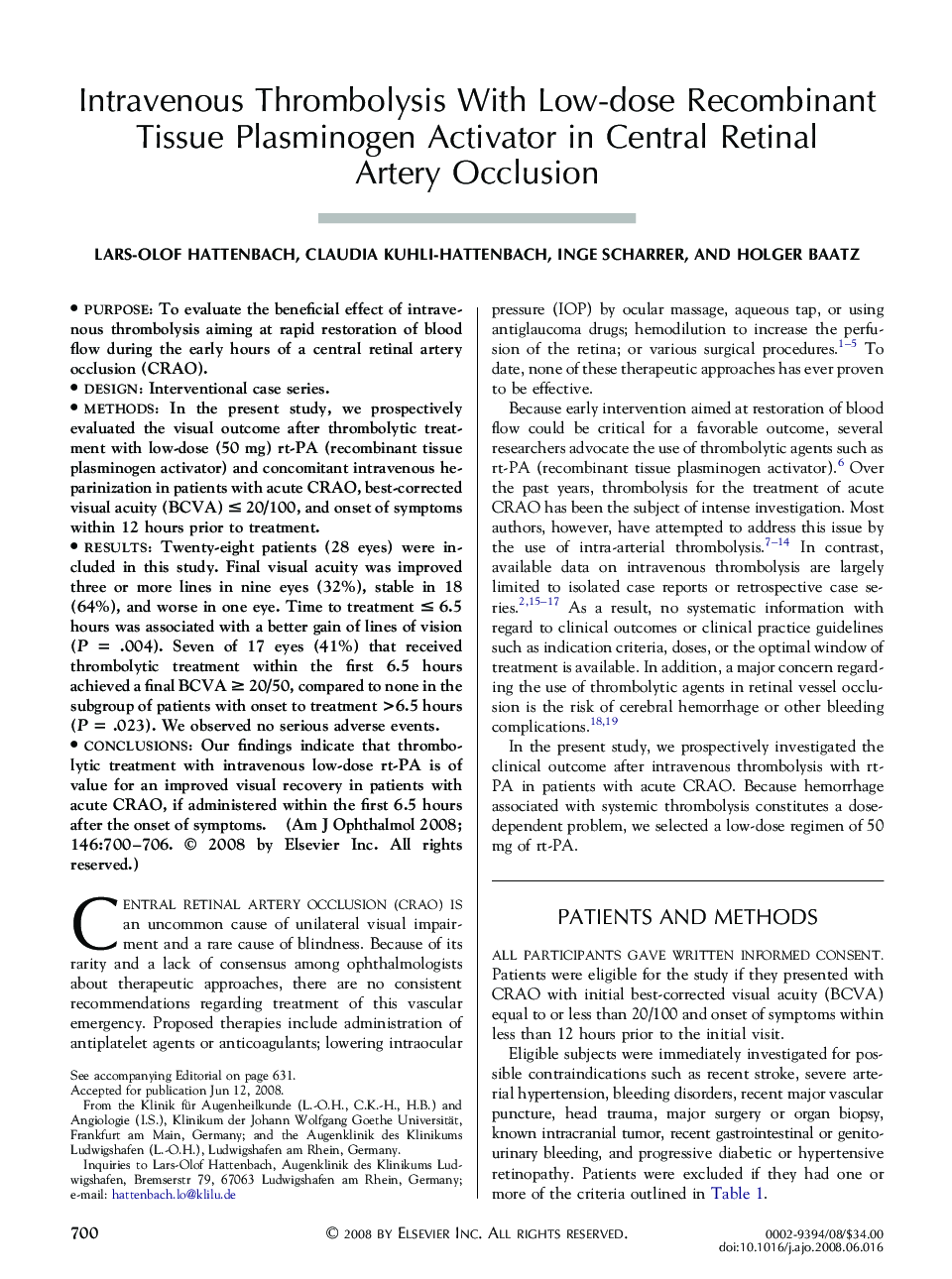 Intravenous Thrombolysis With Low-dose Recombinant Tissue Plasminogen Activator in Central Retinal Artery Occlusion
