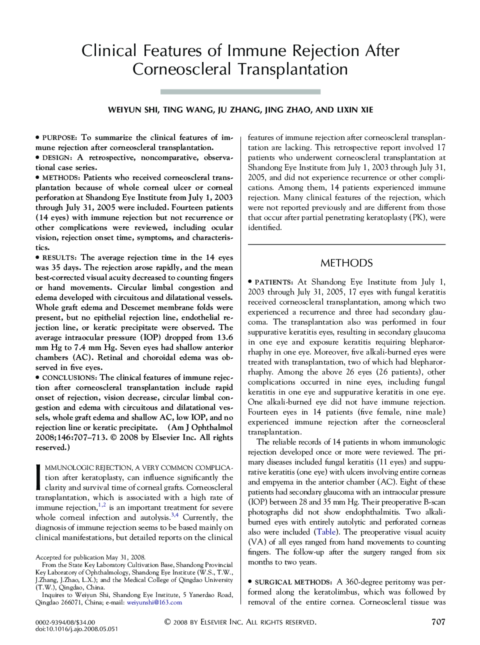 Clinical Features of Immune Rejection After Corneoscleral Transplantation