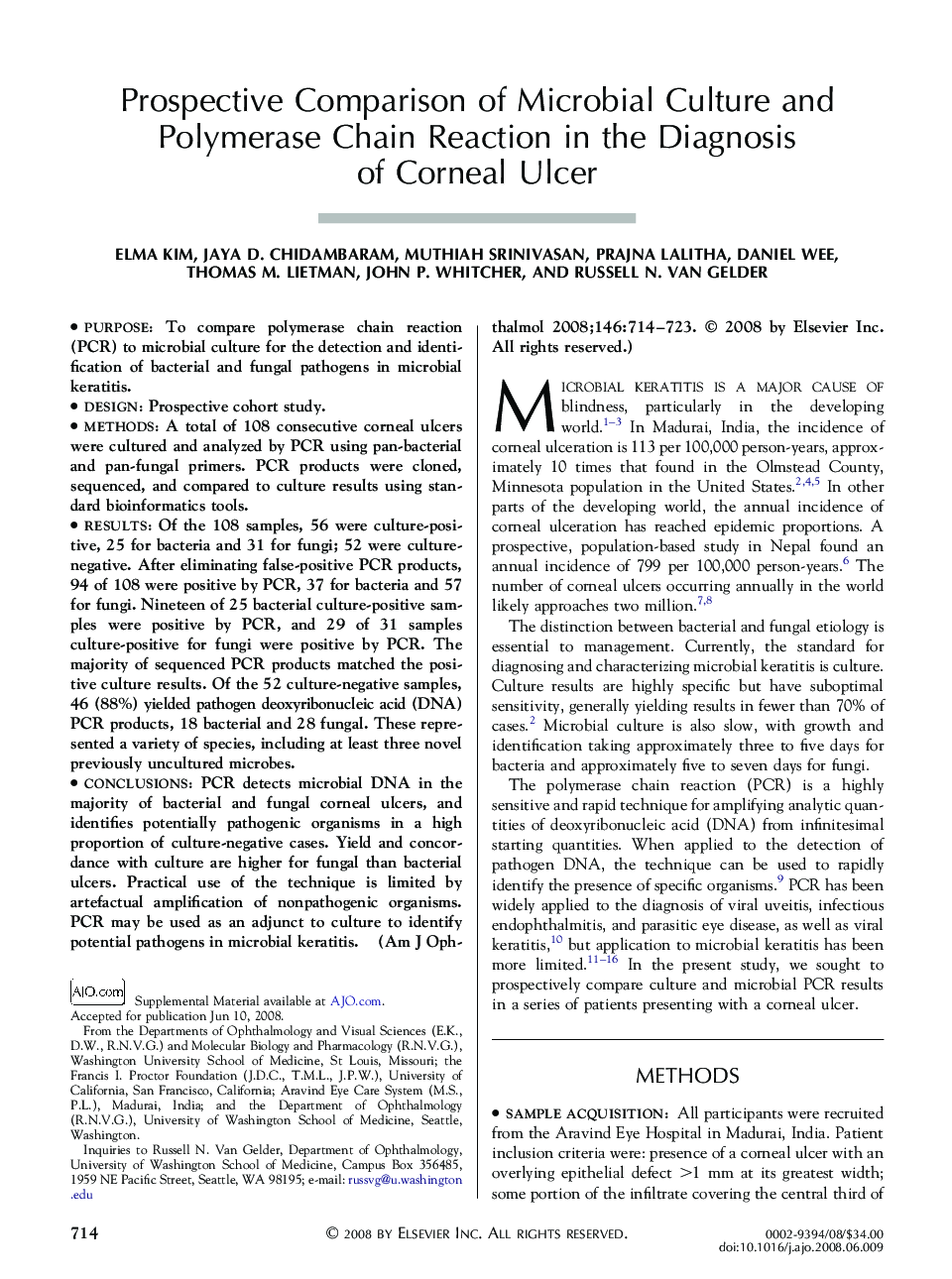 Prospective Comparison of Microbial Culture and Polymerase Chain Reaction in the Diagnosis of Corneal Ulcer