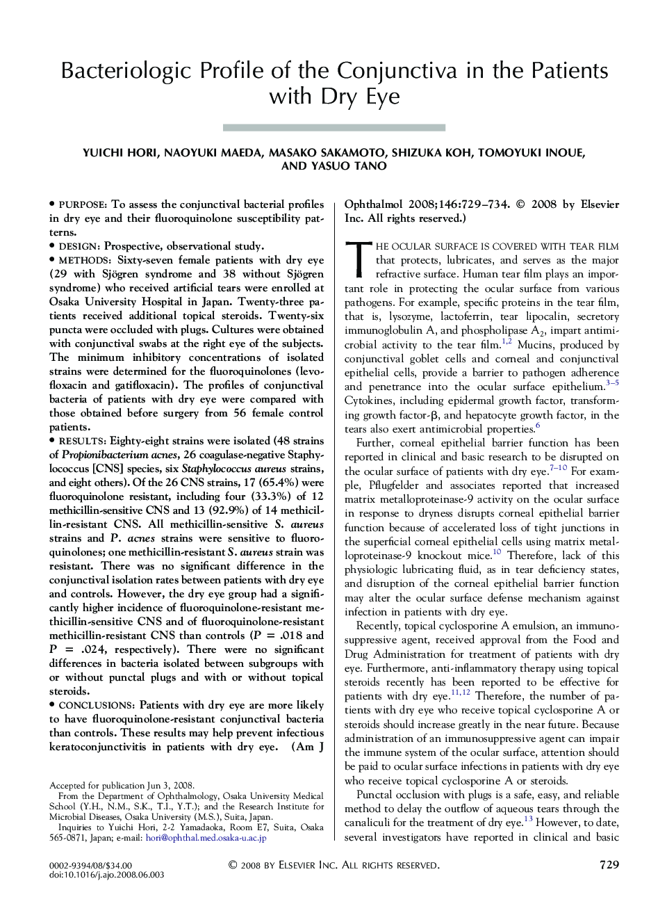 Bacteriologic Profile of the Conjunctiva in the Patients with Dry Eye
