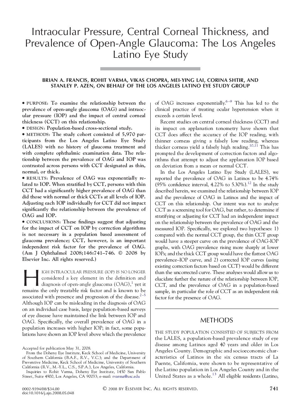 Intraocular Pressure, Central Corneal Thickness, and Prevalence of Open-Angle Glaucoma: The Los Angeles Latino Eye Study