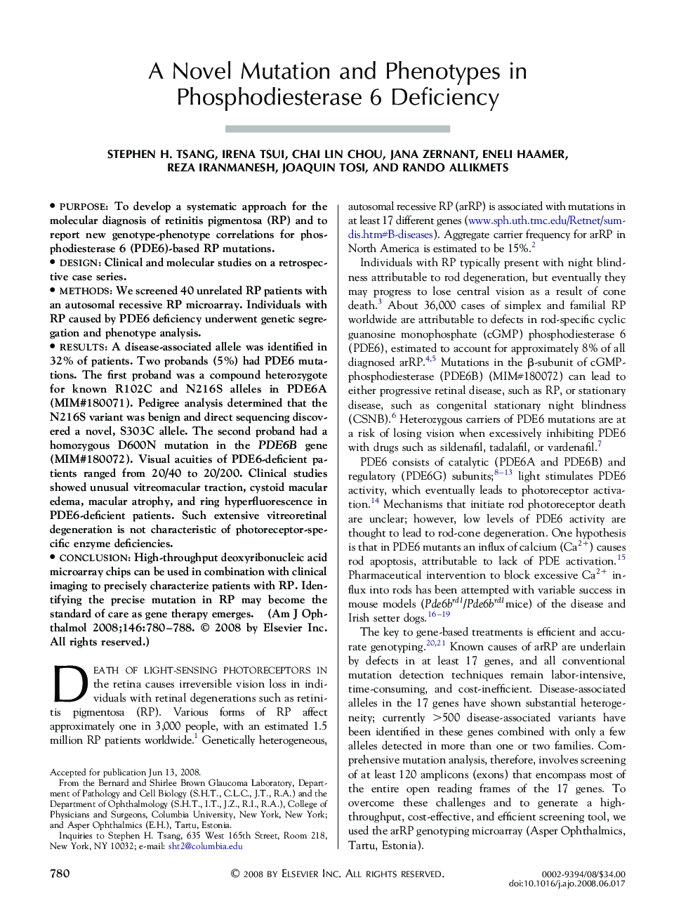A Novel Mutation and Phenotypes in Phosphodiesterase 6 Deficiency