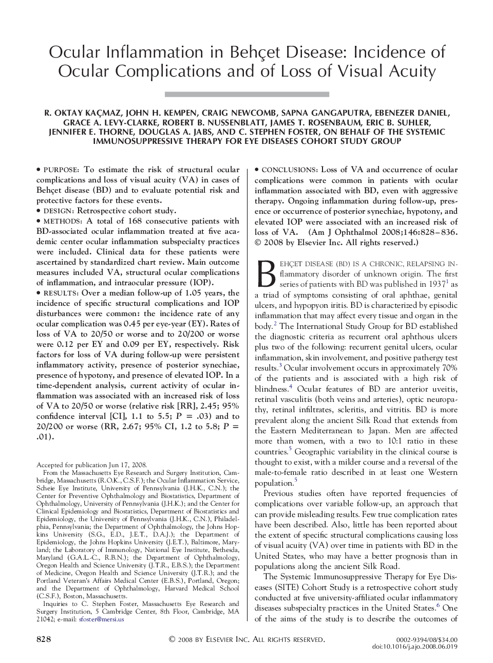 Ocular Inflammation in Behçet Disease: Incidence of Ocular Complications and of Loss of Visual Acuity