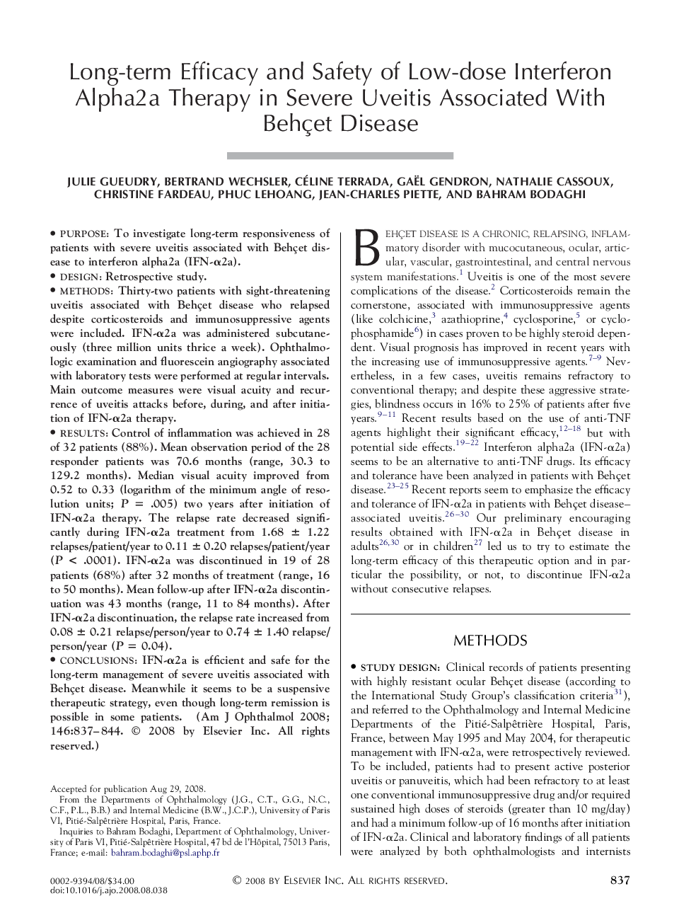 Long-term Efficacy and Safety of Low-dose Interferon Alpha2a Therapy in Severe Uveitis Associated With Behçet Disease