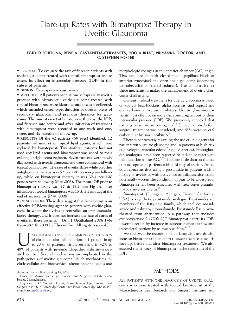 Flare-up Rates with Bimatoprost Therapy in Uveitic Glaucoma