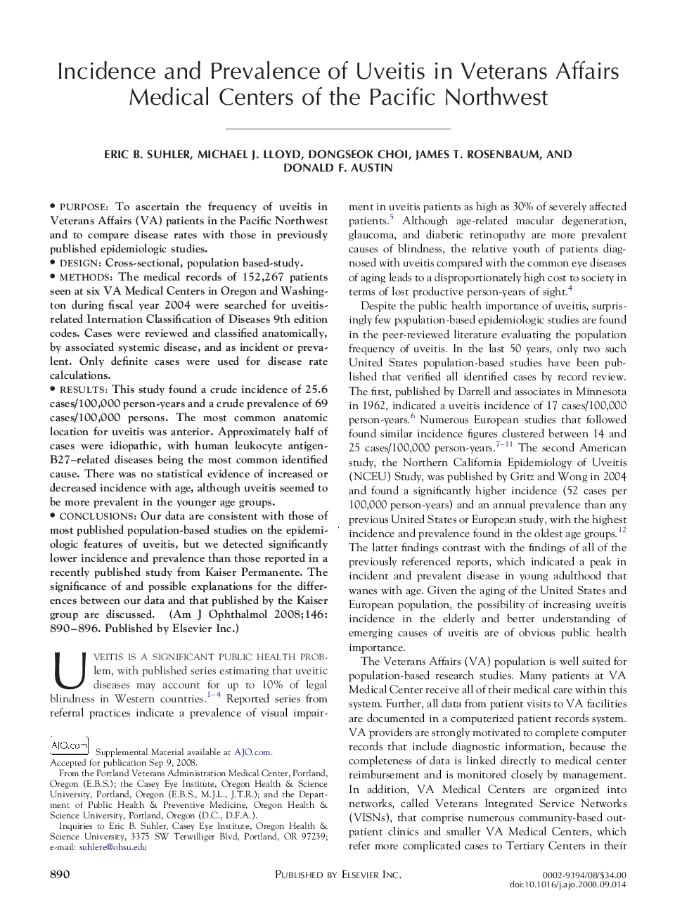 Incidence and Prevalence of Uveitis in Veterans Affairs Medical Centers of the Pacific Northwest