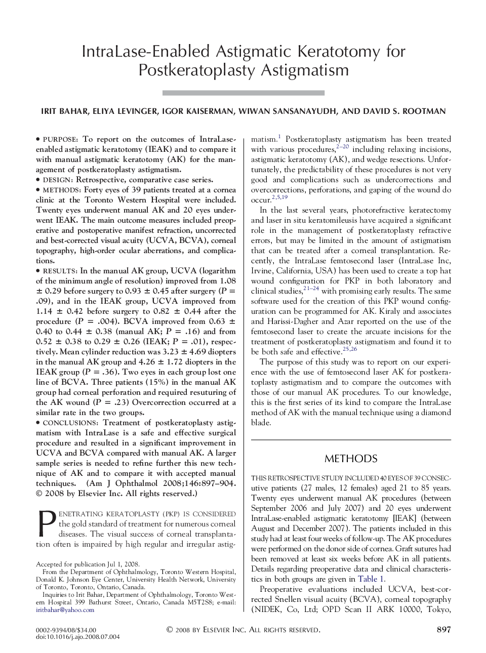 IntraLase-Enabled Astigmatic Keratotomy for Postkeratoplasty Astigmatism