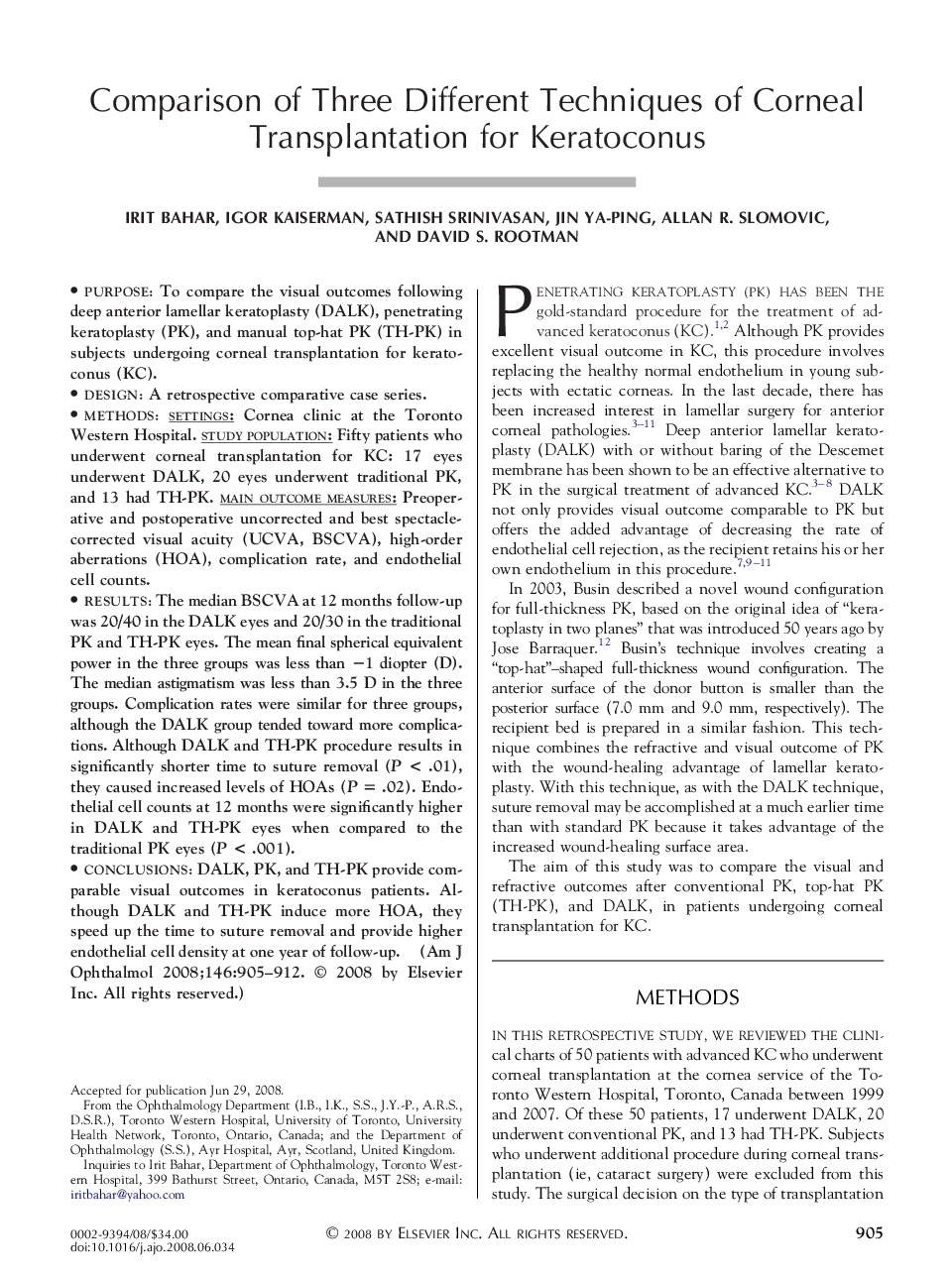 Comparison of Three Different Techniques of Corneal Transplantation for Keratoconus